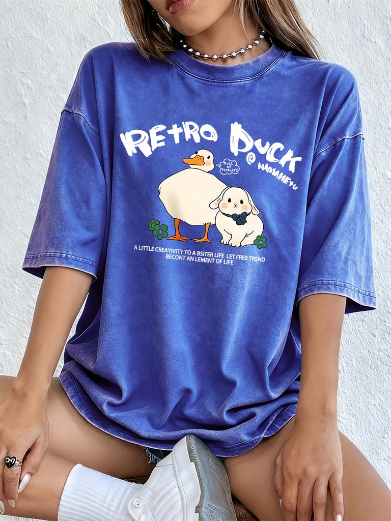 Retro Duck Rabbit Cotton Washed TShirts Womens Summer Oversized Tops Distressed ONeck Comfortable Tees Basic Womans Clothes
