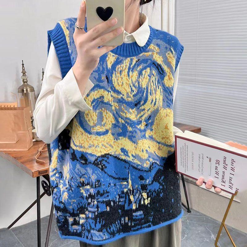 

Вязаный жилет в стиле масляной живописи, женский вязаный пуловер с круглым вырезом, уникальный свитер без рукавов, свободная трикотажная рубашка в стиле ретро, осень 2XL синий