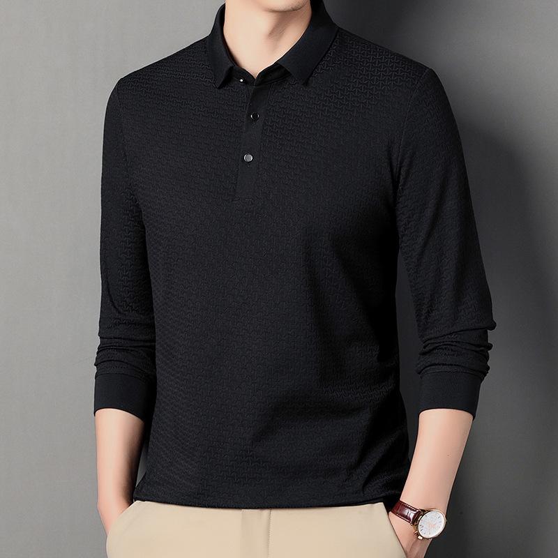 Dress Men'S Business Commuting Casual Jacquard Solid Color Lapel Long-Sleeved T-Shirt Straight Polo Shirt