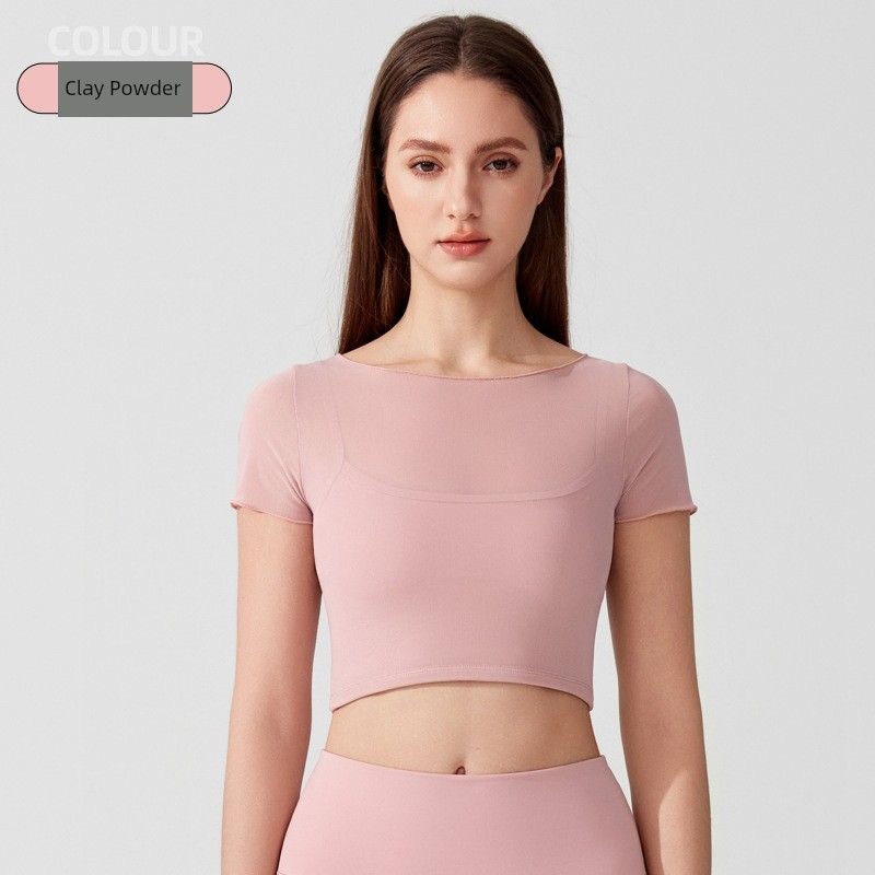 

Слитный бюстгальтер Европейское и американское спортивное нижнее белье Бег Ударопрочный Пуш-ап Одежда для йоги Футболка с коротким рукавом Пилатес Фитнес Топ Футболка Женщины Clay Powder S