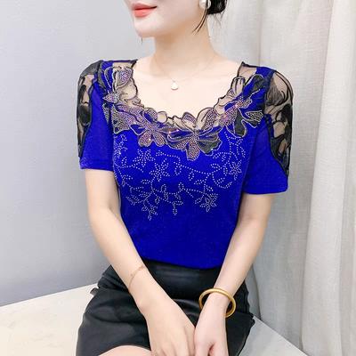 Zomer Dames T-shirt Chic Sexy Kant Holle Borduurwerk Bloem Patchwork Mesh Tops Elegant O-Hals Diamanten Korte Mouw Tees