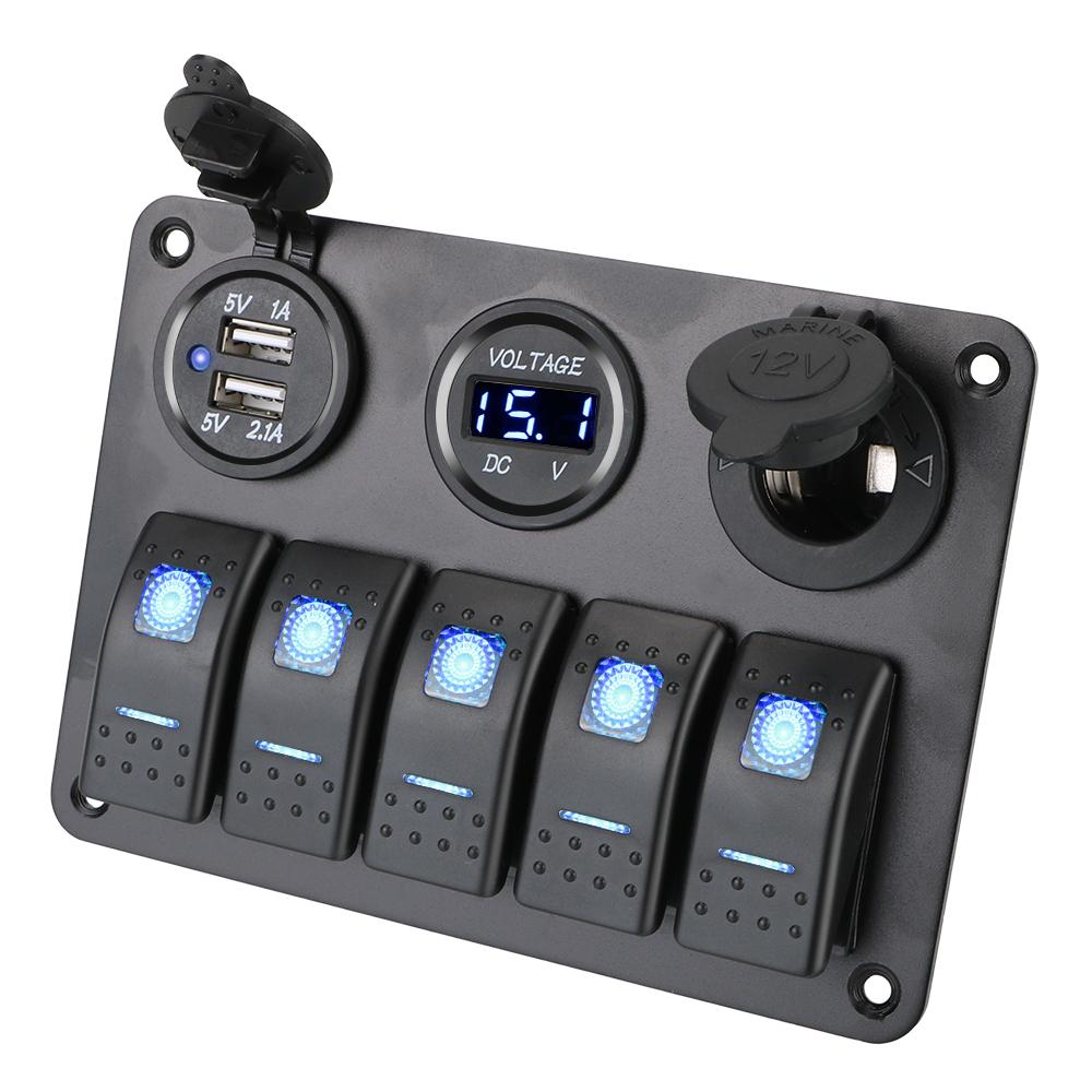 Digital Voltage Dual USB Slot Socket Waterproof 5 Gang LED Rocker Switch Panel 12/24V Outlet Combination With Fuse