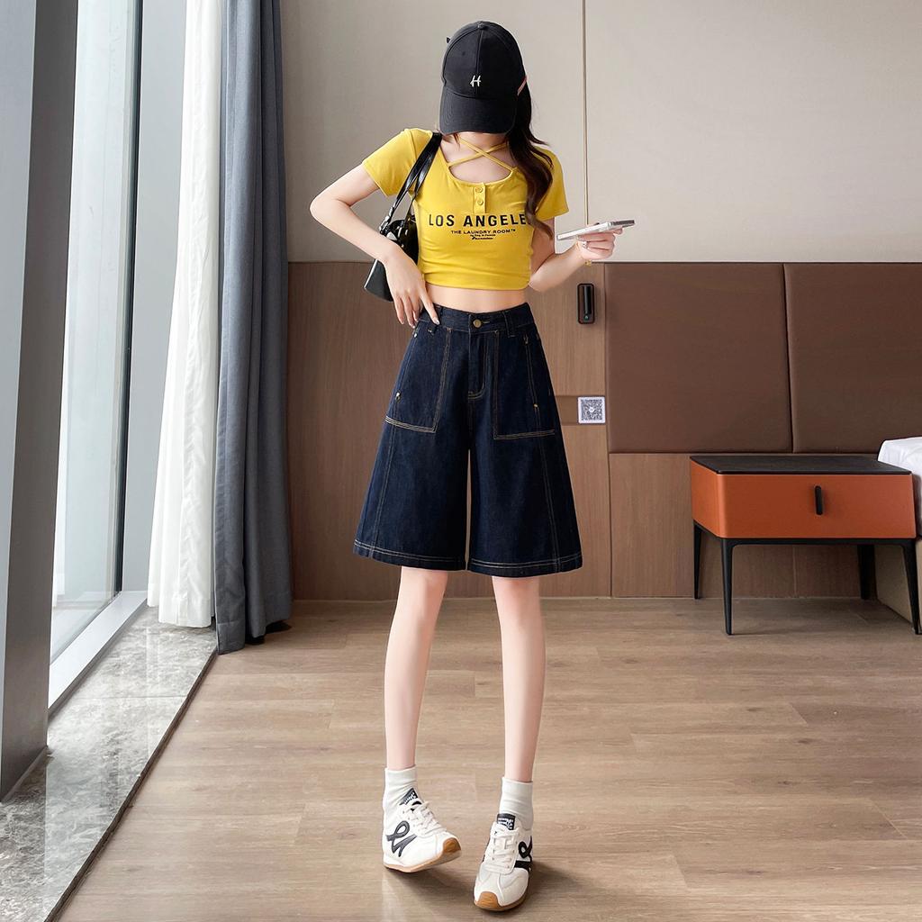 High-waisted Denim Five-point Shorts for Women In Summer Thin Straight and Loose New Style Slimming Wide-leg Medium Pants