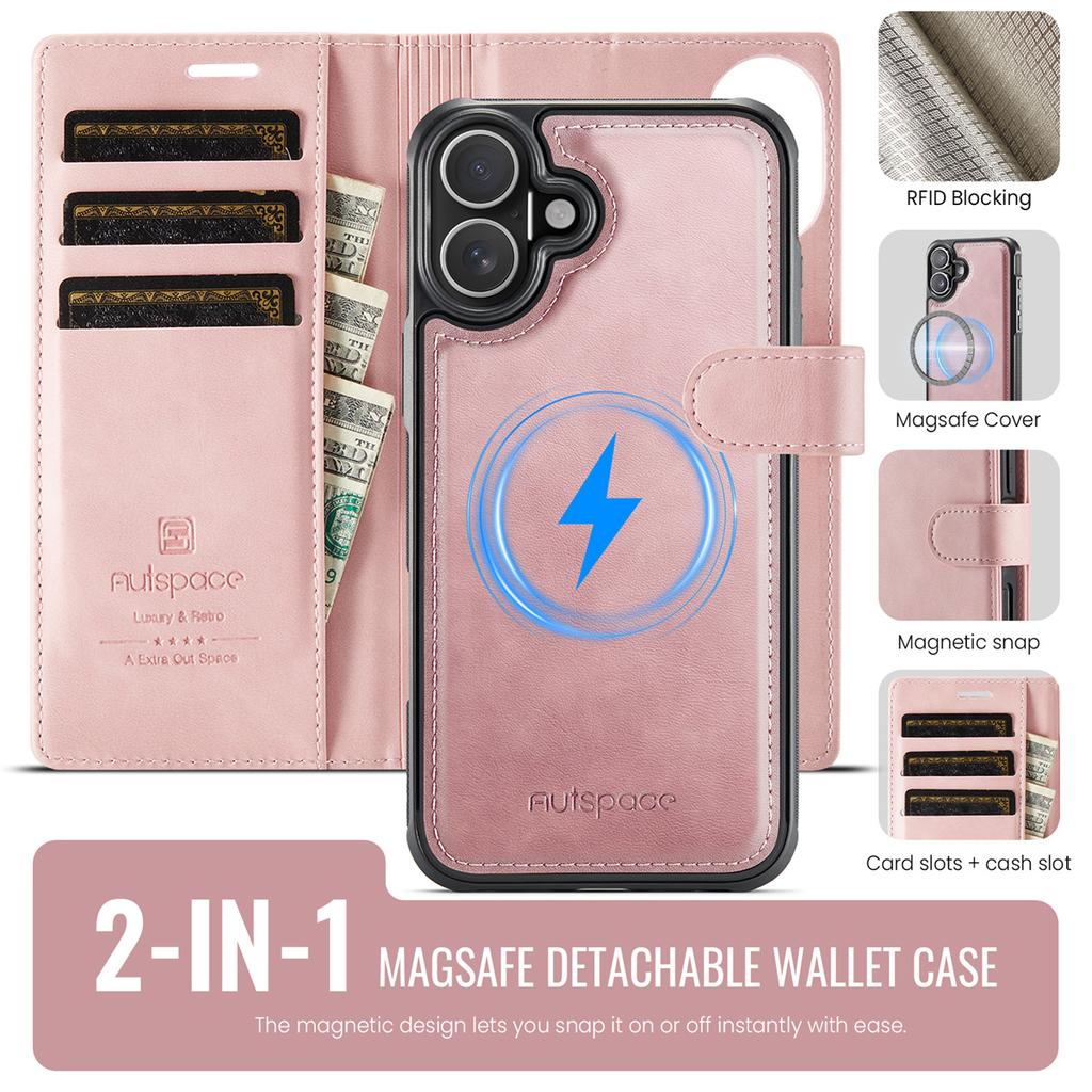 2-in-1 Magnetic Magnetic Detachable Wallet Case for iPhone 17/17 Pro/17 Max/17 Air - PU Leather, Card Slots, MagSafe Charging, 360° Protection