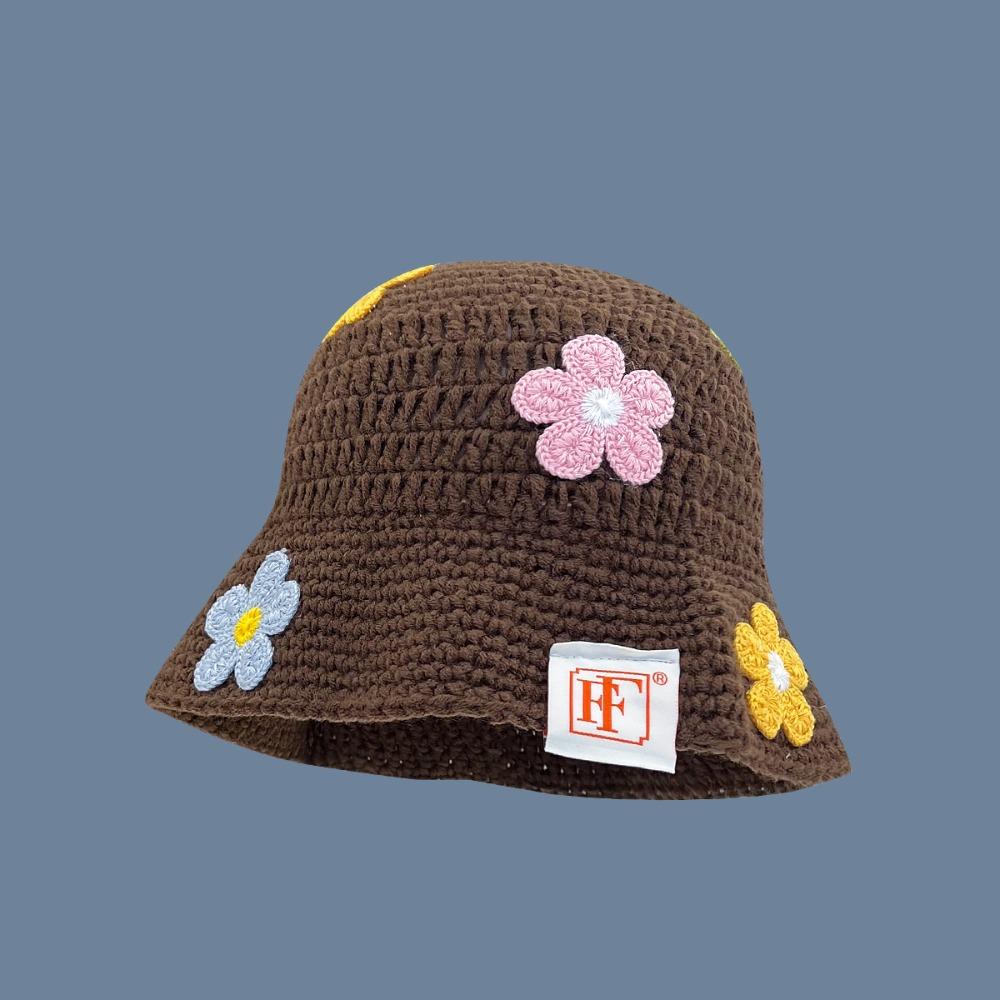 Korean Style Beanies Hat Handmade Bucket Hat Casual Flower Knitted Hat  Outdoor