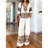 1116 Bohemian Print Cotton and Linen Shirt Wide-leg Pants Two-piece Set, Vacation Casual Suit Women Y1