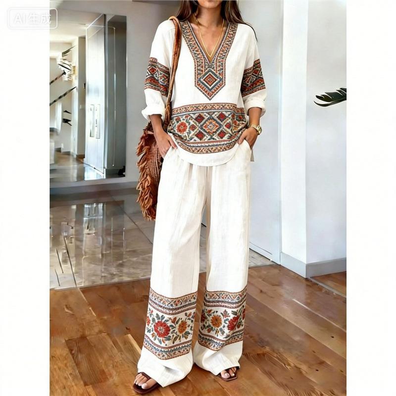 1116 Bohemian Print Cotton and Linen Shirt Wide-leg Pants Two-piece Set, Vacation Casual Suit Women Y1