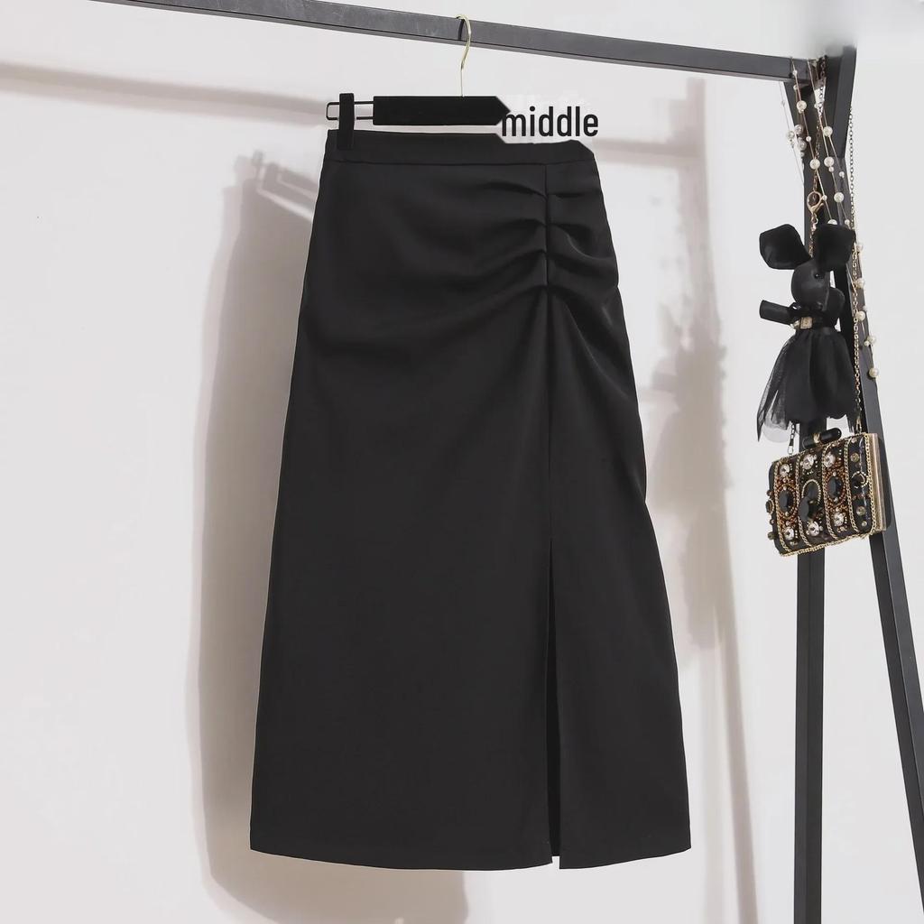 Hochwertiger schwarzer Schlitzrock für Damen – mittellang, hohe Taille, schmale Passform für Frühling und Herbst 2024