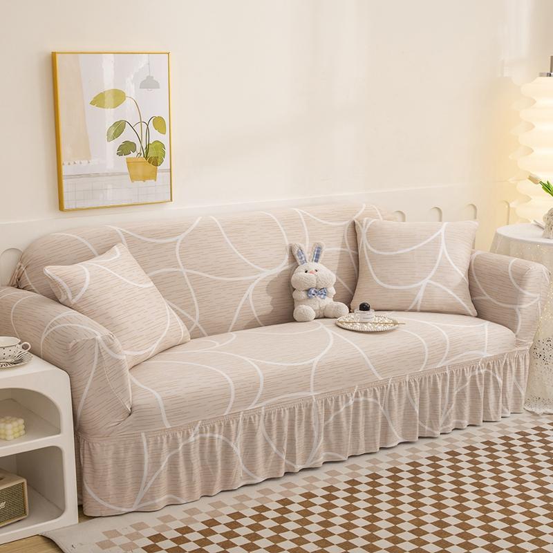 Floral Print Sofa Cover with Skirt Stretchable Washable Non-Slip Elastic Bottom Durable Furniture Protector for Living Room