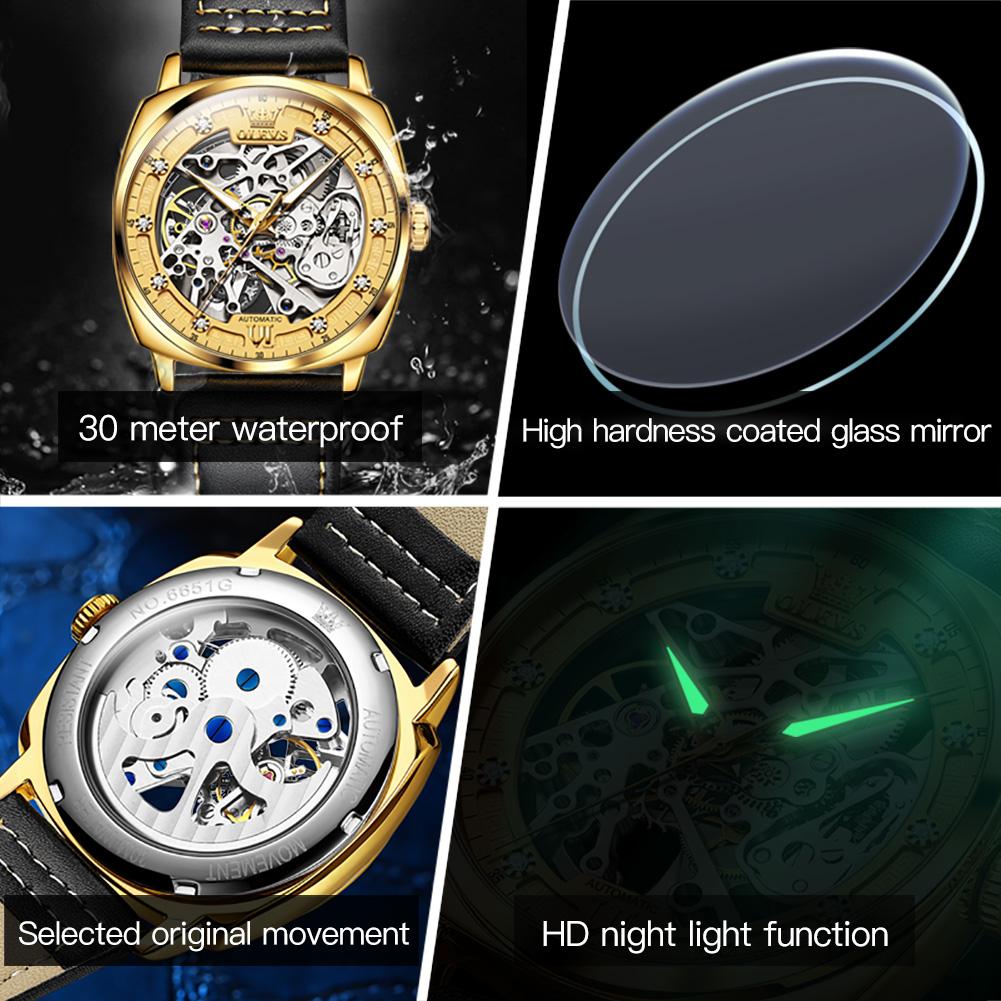 OLEVS 6651 Men's Watches Hollow Square Dial Leather Strap Business Men Wristwatch Original Luxury Brand Men's Wristwatches