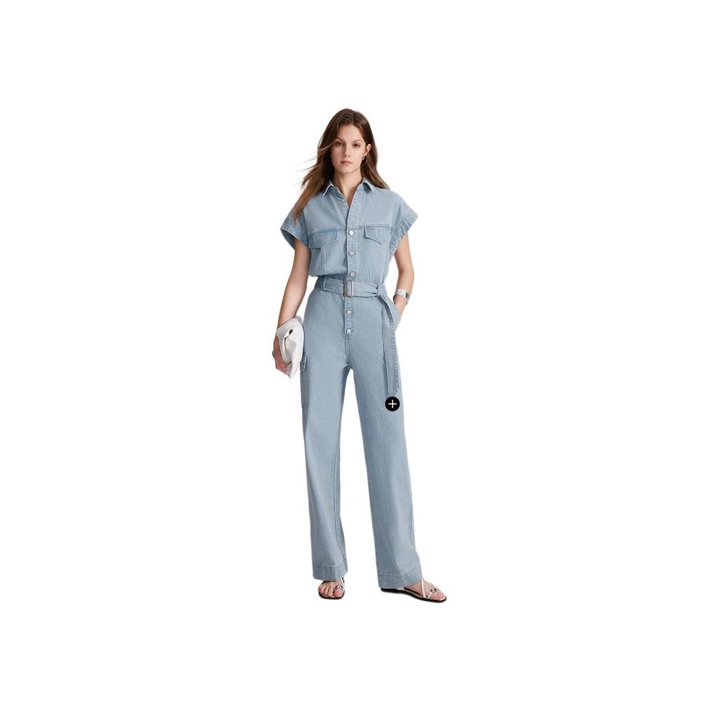 ELLE French Style Denim One-Piece Solid Color Lapel Waist-Defining Loose Jumpsuit Women jumpsuits Denim-Blue EJ47960