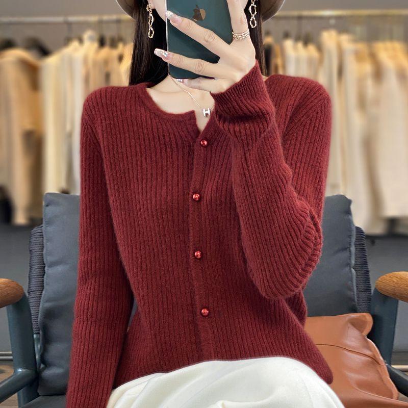

100% Pure Wool Cardigan Female 2025 Spring & Fall Knitting Outwear Loose Slim Looking Small Short All-Match Sweater Ankoala Red M