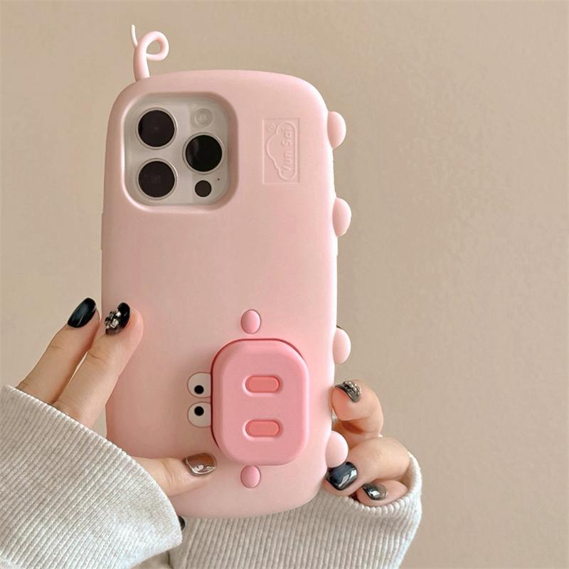Funny Cute Pink Pig Folding Holder Stand Case For iPhone 16 Pro Max 15 13 14 Soft Silicone Cartoon Phone Back Cover