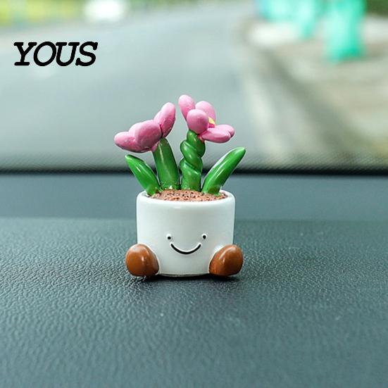 Mini Resin Car Dashboard Ornaments Cute Flower Pot Figurine, Cartoon Planter Ornament Decorative Accessories for Interior Desk Decor, Fairy