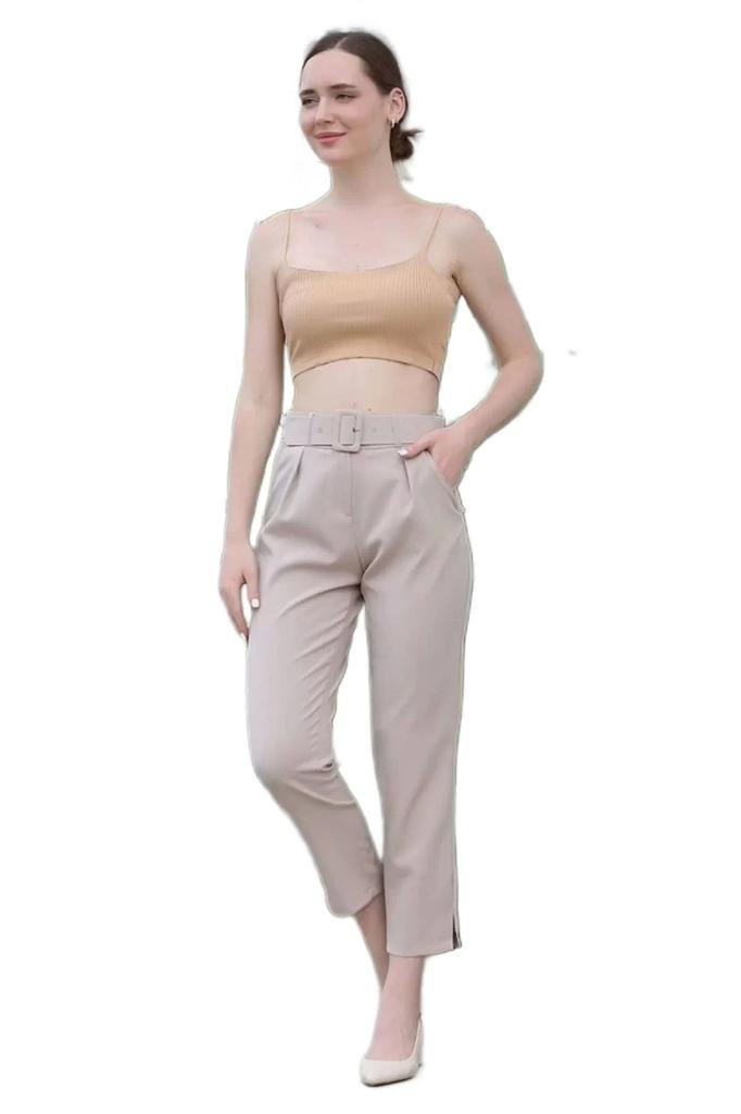 Women's Style Plus Size Pants Belt And Pleat Detailed Fabric Trousers 1754 Mink