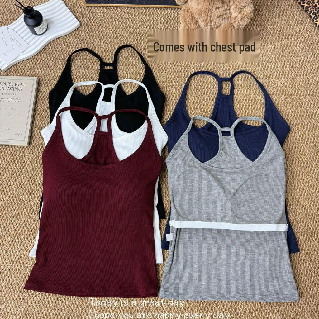 Women's Summer Hot Girl Pure Style I-Back Tank Top with Chest Pad, Solid Color, Versatile Sports Design