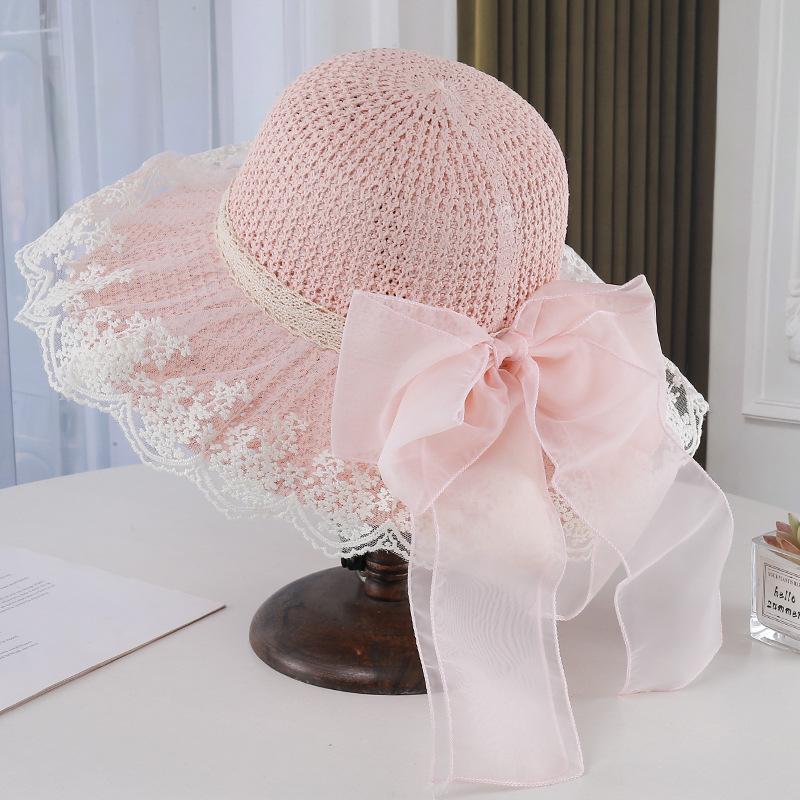 Lace Mesh Sun Hat Women'S Summer Eaves Straw Woven Sun Hat Foreign Style Bow Sun Hat