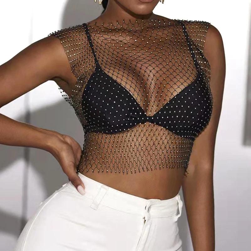 

Diamond Fishing Net Top Crystal Beading Shiny Summer Girls Party Club Sexy Hollow Out Rhinestones Cropped Navel Sleeveless Vest S