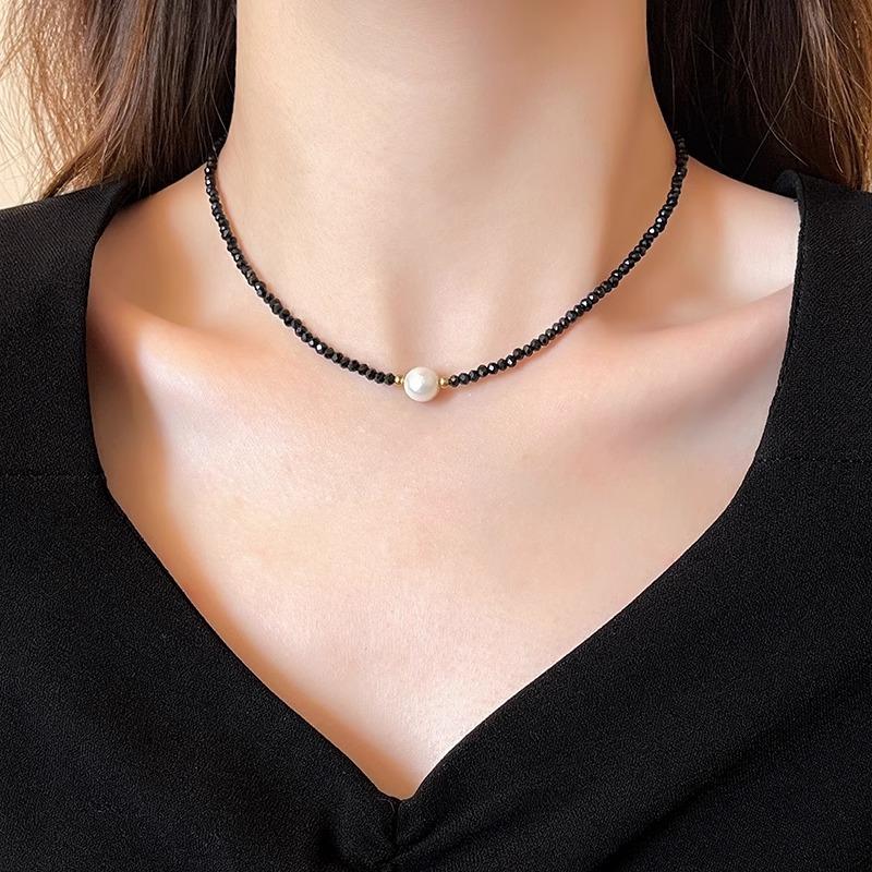New Arrival Elegant Natural Freshwater Pearl Black Crystal 14K Gold Filled Female Beads Chain Necklace  For Women Gifts