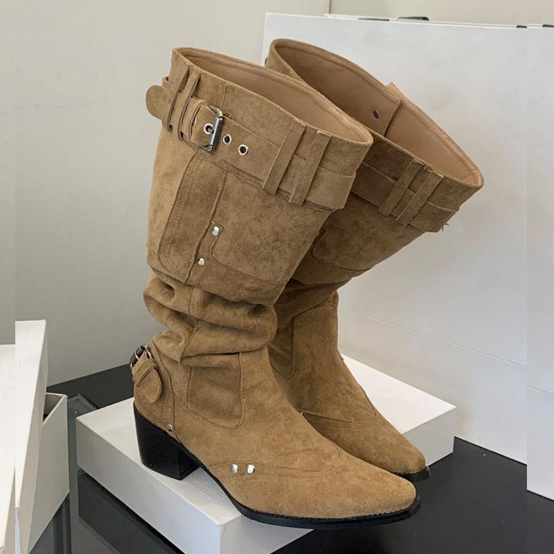 

Мода Мода Флок Женские Сапоги до Колена на Квадратном Каблуке Обувь Новые Осенне-Зимние Женские Длинные Современные Сапоги Женские Туфли-Лодочки 35 хаки