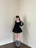 2024 Women's European & American Style Black Balloon Silhouette Square Neck Long Sleeve Short Dress