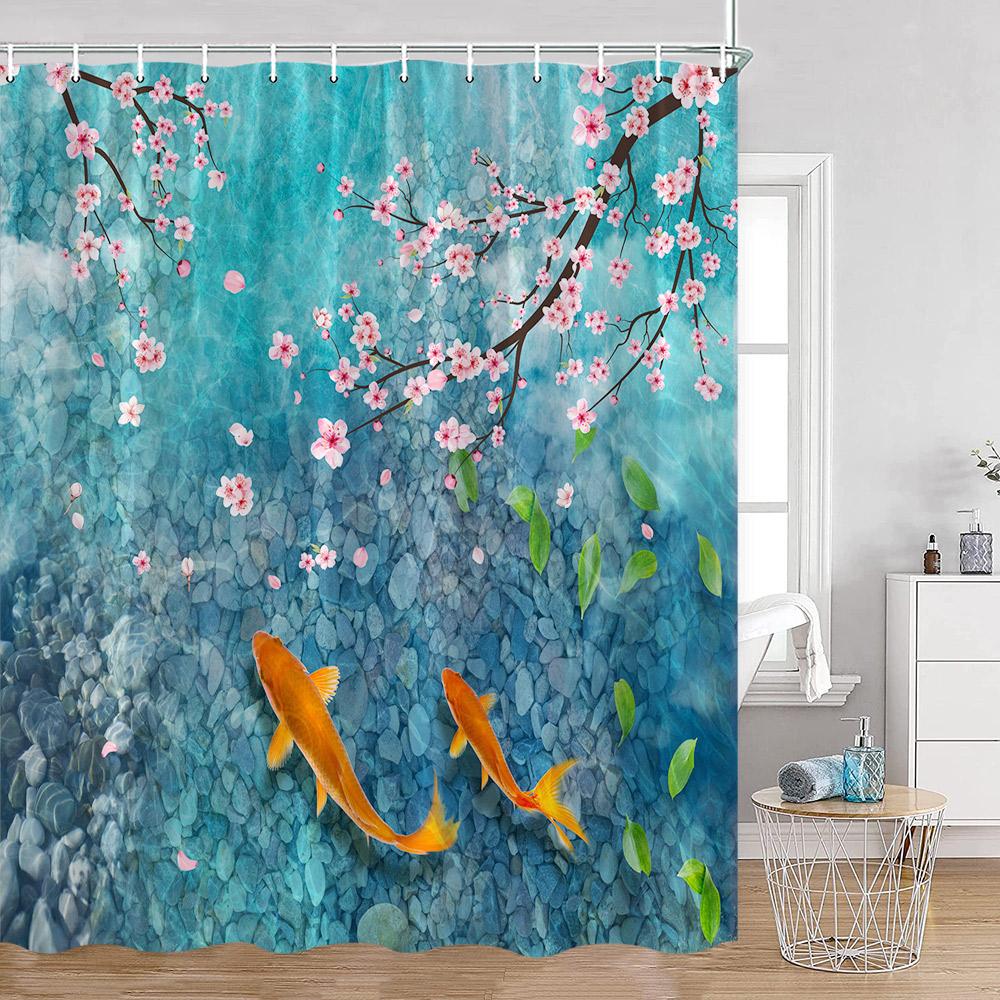 Rosa Blumen Kois Duschvorhänge Kirschblüten-Teich Aquarell Blumig Badezimmer Dekoration Polyesterstoff Badewannenvorhang