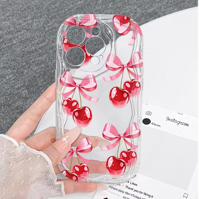 Red Cherry Clear Silicone Wave Phone Case For Samsung Galaxy S23 S24 S25 S26 Ultra S22 S21 S20 Plus FE A35 A54 A55 Cover