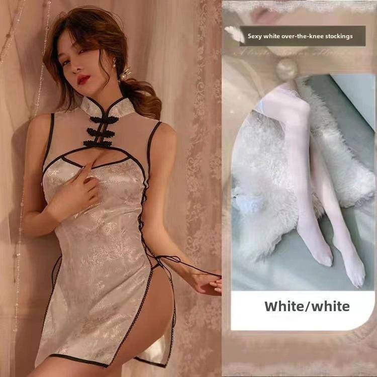 Sexy Retro Jacquard Strap Cheongsam Uniform Temptation Perspective Sex Underwear Stand-up Collar Buckle