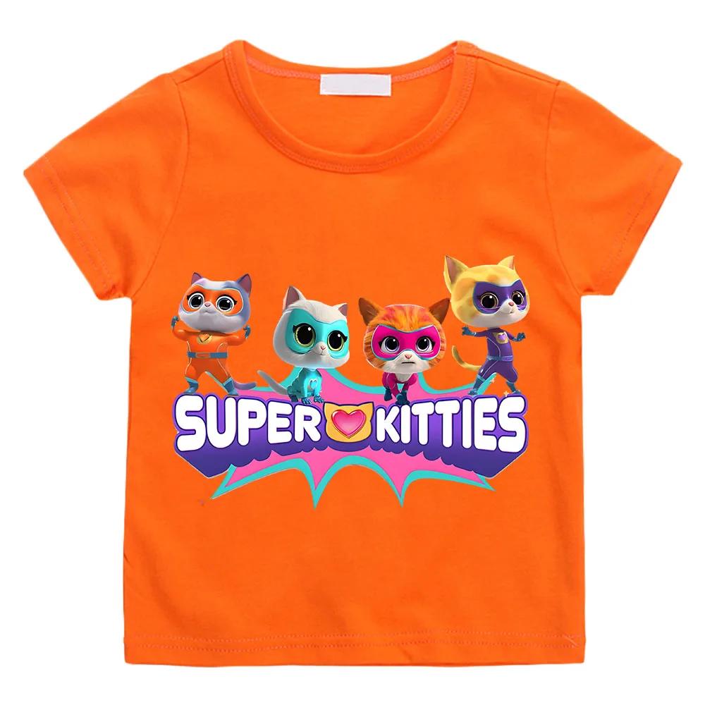 SuperKitties Cartoon Printed Summer Girls' Short Sleeves 2025 New Children's Casual Top