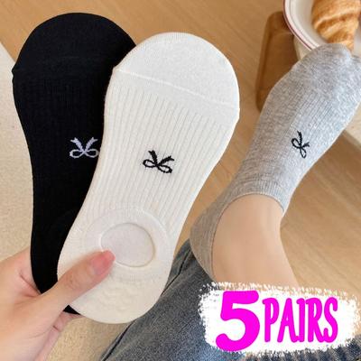 5 par letnich skarpetek typu łódka dla kobiet i dziewcząt z kokardką słodkie kawaii w stylu japońskim jednokolorowe krótkie skarpetki niewidoczne urocze bawełniane skarpetki