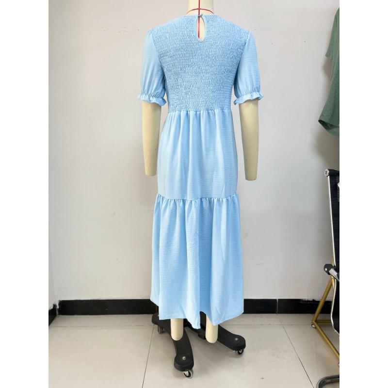 Summer Women's Dress Solid Color Round Neck Patchwork Short Sleeve Dress