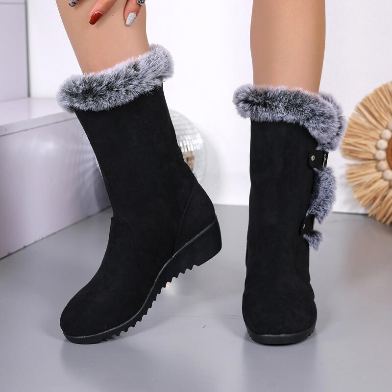 Fashion Vintage Fluffy Fur Non Slip Suede Snow Boots Women 2025 Winter Warm Plush Black Ankle Boots Metal Buckle Furry Short Booties 43