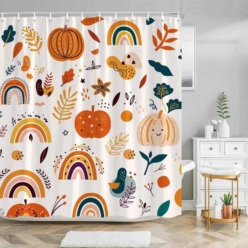 Watercolor Autumn Hanging Leaves Botanical Shower Curtain Fall Thanksgiving Bathroom Bathtubs Decor Easy Care Washable Durable