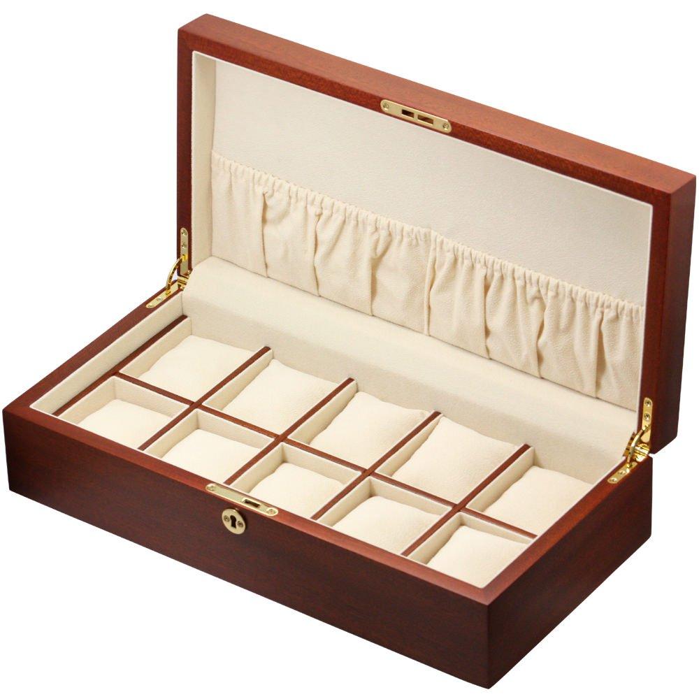 IGIMI Watch Storage Case Brown Wood Grain 10 Watch Display Box Lock Key