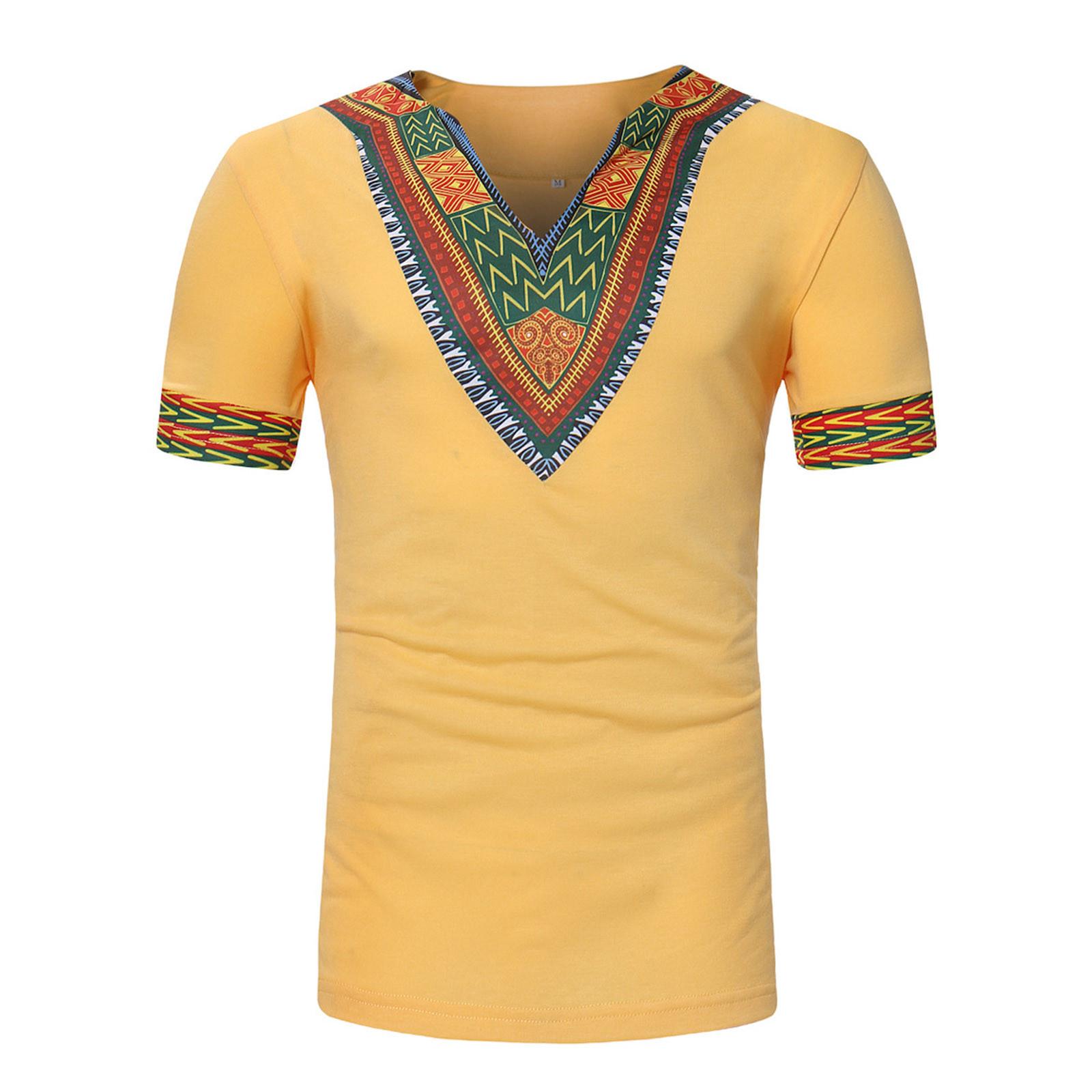 

Мужская хлопковая рубашка, мужская футболка с v-образным вырезом и короткими рукавами в этническом стиле, топ M жёлтый