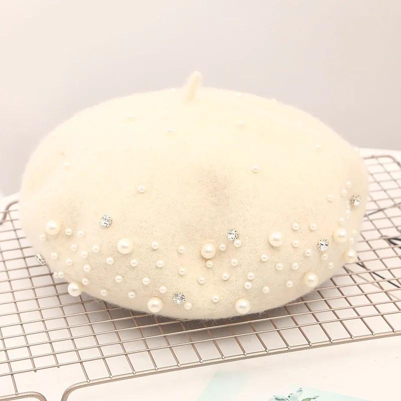 Woolen Pearl Berets Woman Autumn and Winter Warm Korean All-matching Japanese Cashmere Painter Hat British Retro Pumpkin Hats
