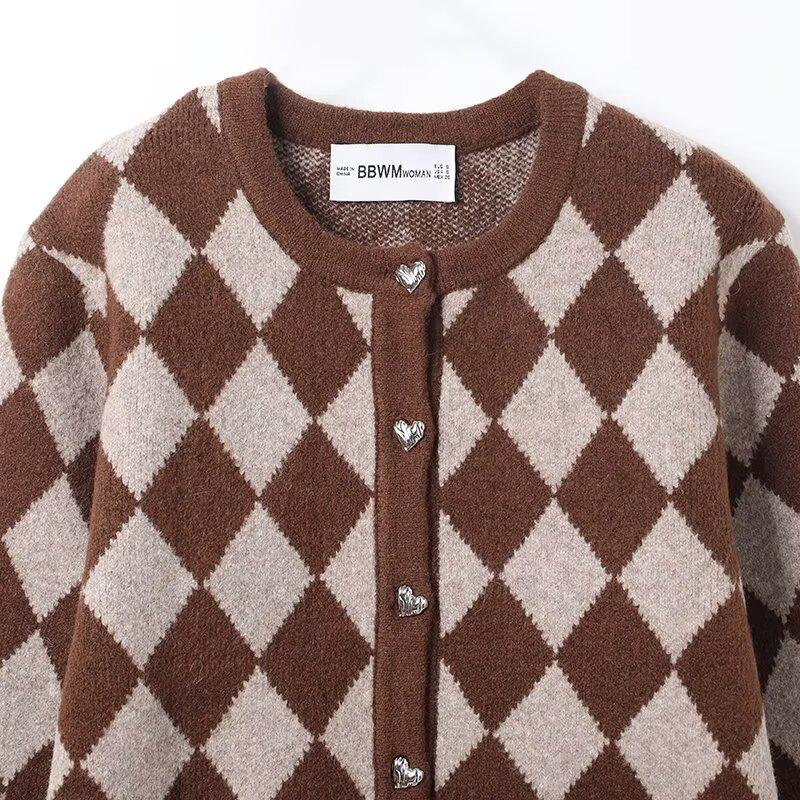 European and American style new women's fashionable versatile cross-border comfortable diamond-patterned jacquard knit jacket