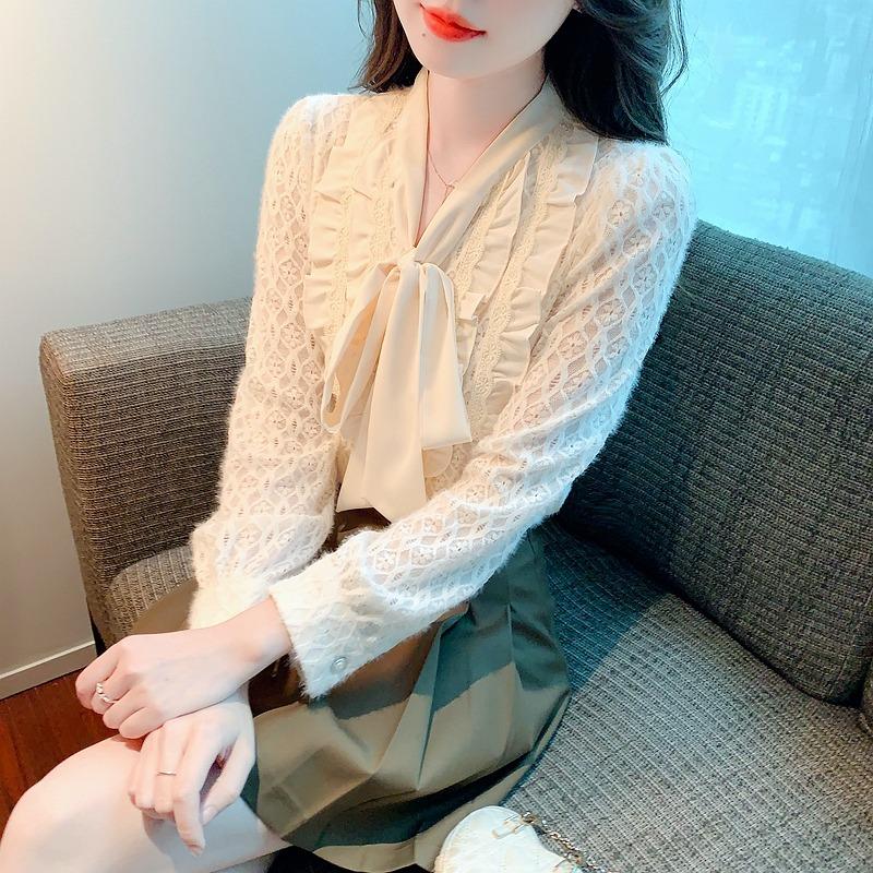 

Новый модный галстук-бабочка с рюшами, повседневная свободная блузка, элегантная приталенная кружевная рубашка больших размеров для женщин, женские топы, простые офисные женские блузки 24455 2XL абрикосовый