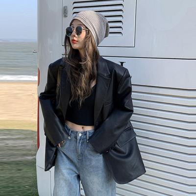 Stilvolle schwarze PU-Lederjacke für Damen, Mantel, Frühling/Herbst, langer Abschnitt, lockere Passform, Streetstyle-Anzugjacke