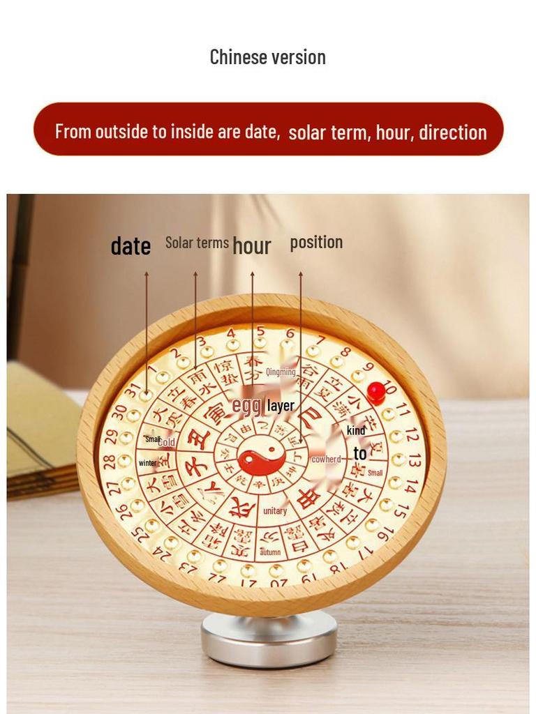 Adjustable Wooden Sundial Perpetual Calendar, Desktop Ornament and Timer for Home or Office Decor