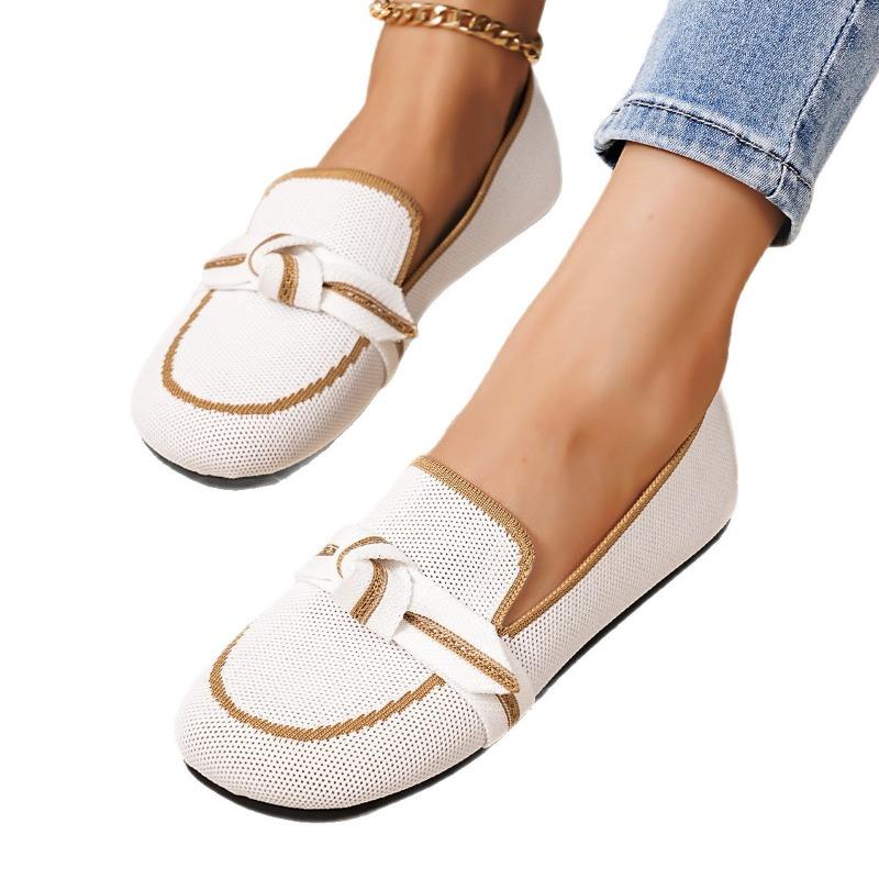 Women's Wide Width Bow Detail Flyknit Flats - Round Toe Slip-On Casual Shoes for Fall, Comfort Breathable Loafers