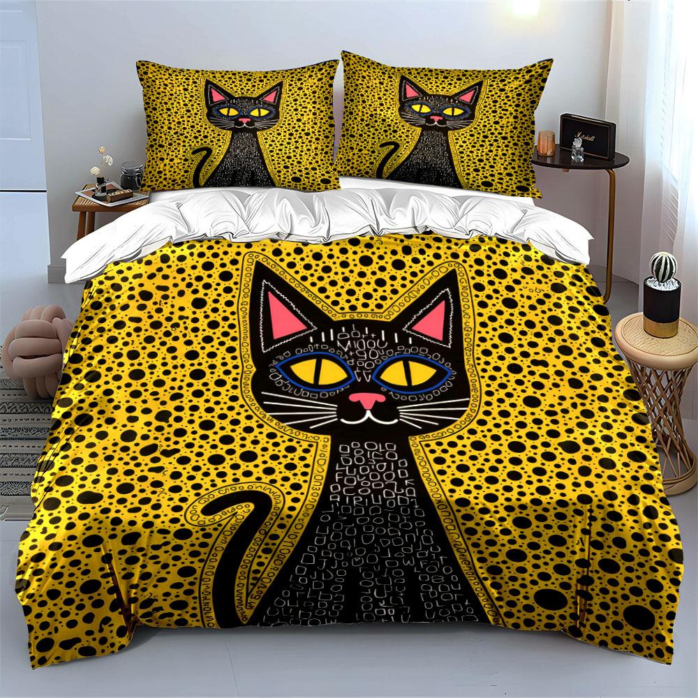 Black Dot Background Letter Black Cat Duvet Cover Set, Folk Art Kitty Bedding Includes 1 Duvet Cover And 2 Pillowcase, Gift