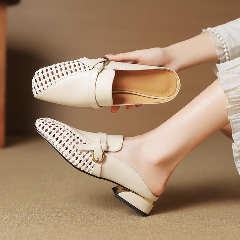 Fashion NEW Summer Women Mules Genuine Leather Shoes for Women Square Toe Chunky Heel Shoes Cover Toe Slingback Sandals Weave Slippers