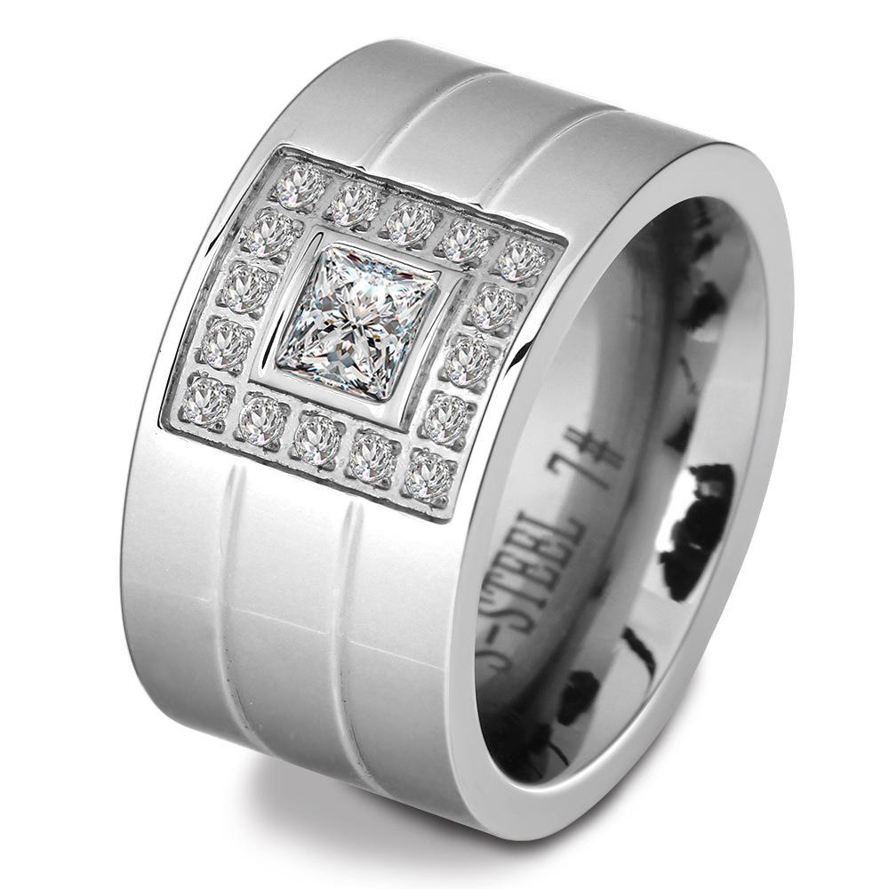 Geometric Square Zircon Inlaid Titanium Steel Ring for Women Size 9