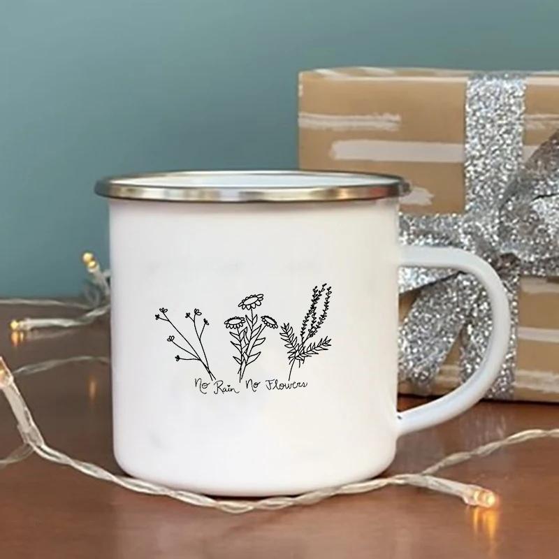 No Rain No Flower Print Enamel Mugs Creative Vintage Coffee Wine Cup Drinks Dessert Milk Cup Camping Mugs Handle Drinkware Gifts