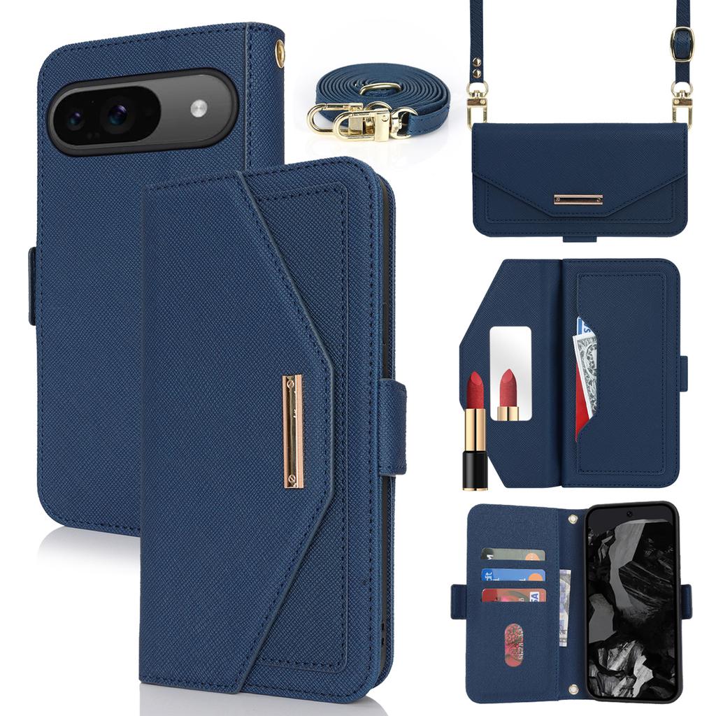 For Google Pixel 9/9 Pro Stand Case Cross Texture PU Leather Wallet Phone Cover with Shoulder Strap/Makeup Mirror
