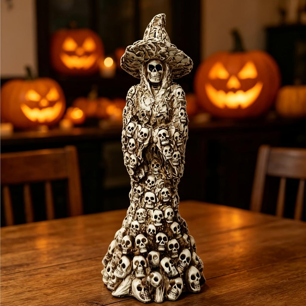 Dark Gothic Skull & Witch Resin Statue for Halloween Decor, Tattoo Shops, and Horror Collectibles