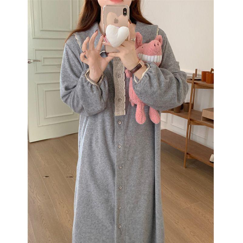 Lace-Trim Maternity Nightdress for Spring & Autumn - Women's Sweet & Loose Pajamas, Plus Size, Wear Inside or Out