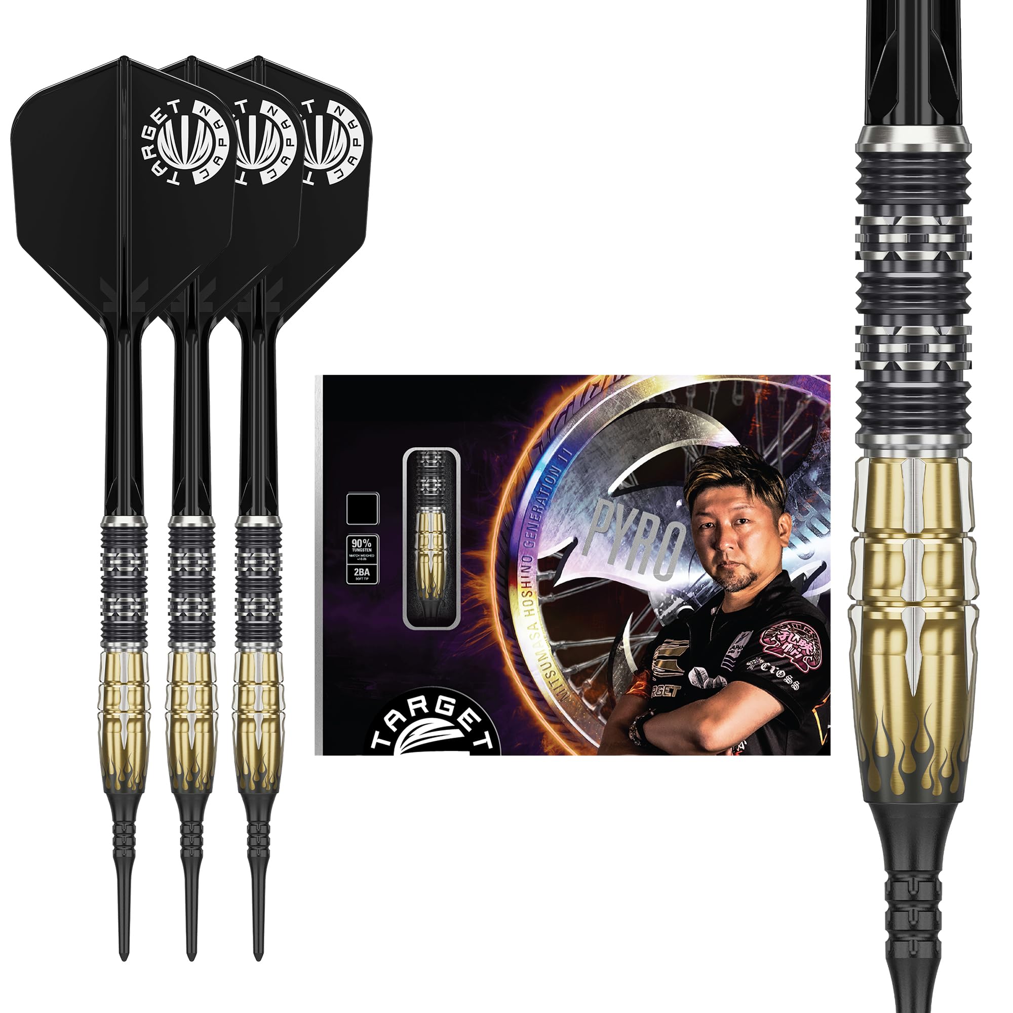 

Target Japan PYRO GEN11 Mitsumasa Hoshino 90% Tungsten K-Flex 2BA Soft Tip Darts Set, 17g, 2BA SOFT TIP DARTS, K-Flex No. 6 Shape Flights and Shafts