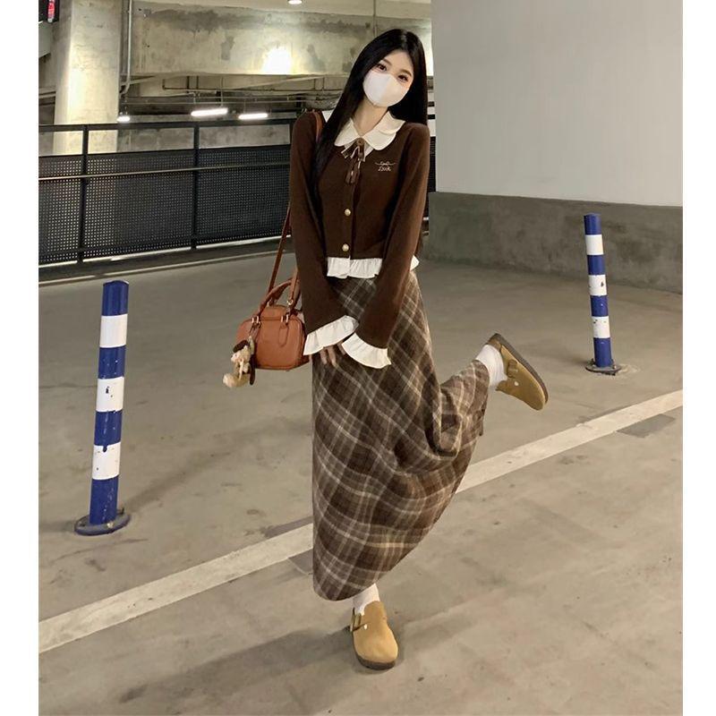 Petite Retro Plaid Skirt & Spliced Long Sleeve Top Set for Autumn/Winter Women